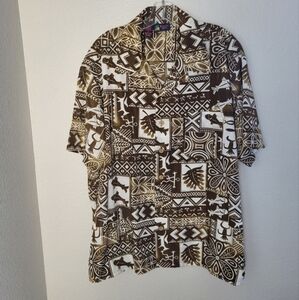 Roundy Bay Hawaiian Shirt Men's Size XL Vibrant Brown and White Tropical Pattern